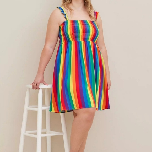 NWT Torrid Women's Rainbow Challis Smocked Tiered Mini Dress Sz 0 - Picture 3 of 16